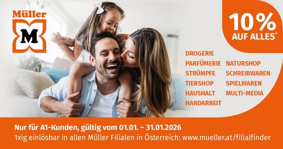 10% Rabatt* auf das gesamte Sortiment in allen Müller Filialen in Österreich.