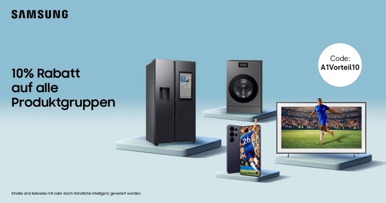 Sichere dir 10% Rabatt  auf alle TVs, Soundbars, Haushaltsgeräte, Monitore und Mobiletelefone von Samsung.