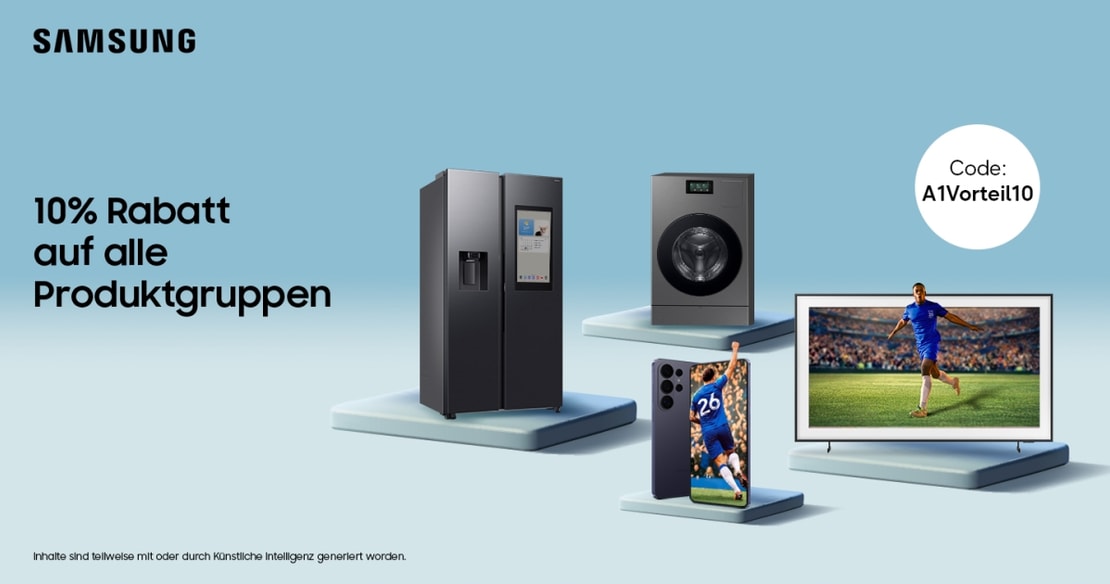 Sichere dir 10% Rabatt  auf alle TVs, Soundbars, Haushaltsgeräte, Monitore und Mobiletelefone von Samsung.